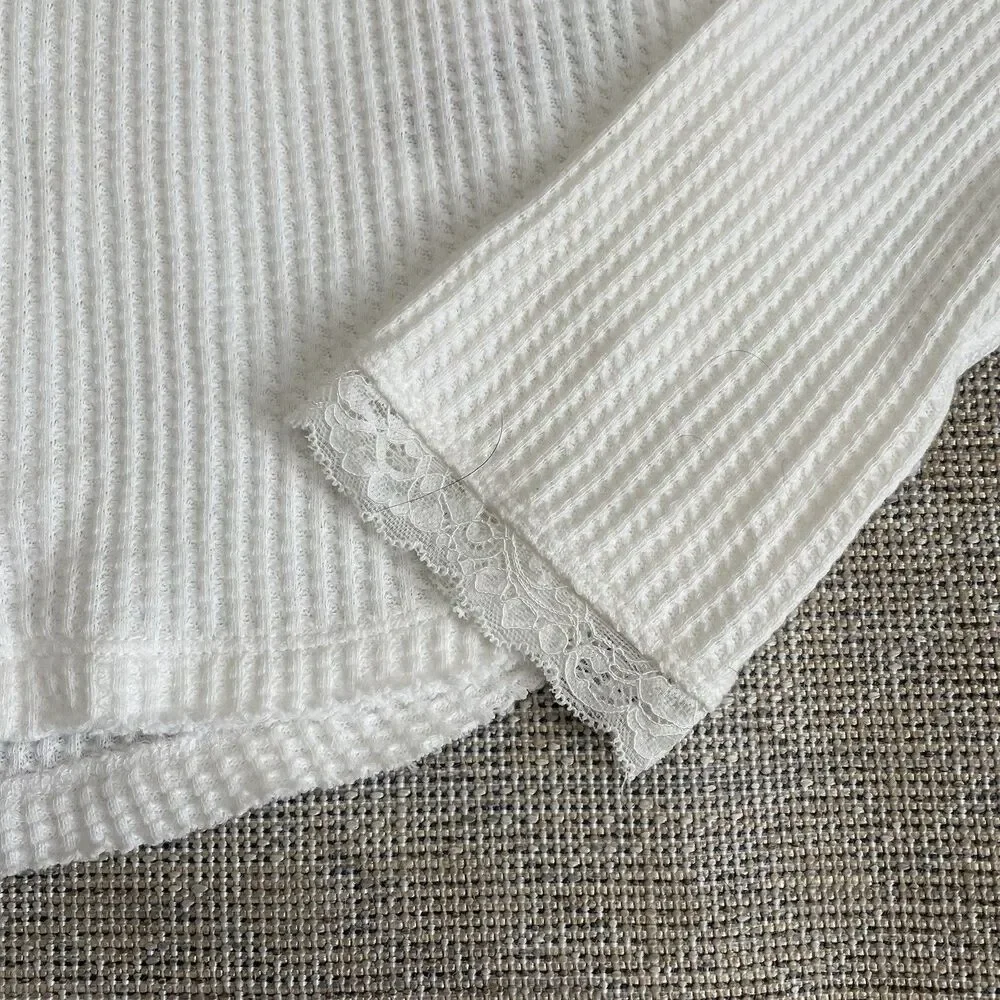 NWT Free People Women’s M Ivory Waffle Knit Lace Button Front Top Boho Coastal